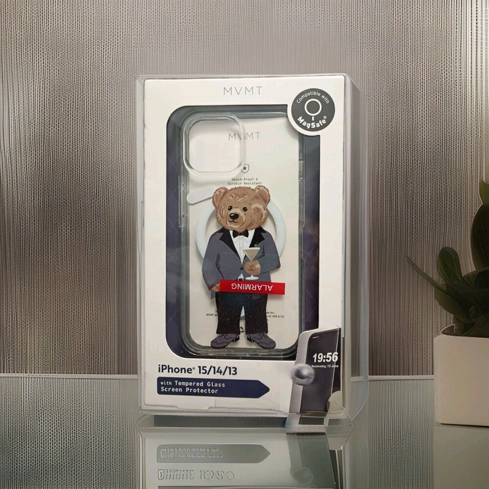 MVMT IPHONE 15/14/13 Case Tempered Glass Screen Protector Bear w Tuxedo Martini